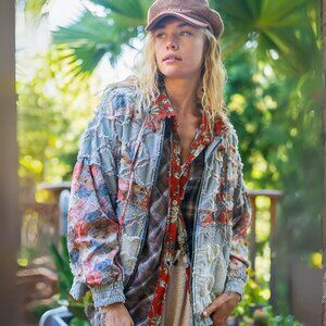 POL Vintage Washed Jacket with Mixed Patches in Denim Floral Multi NWT